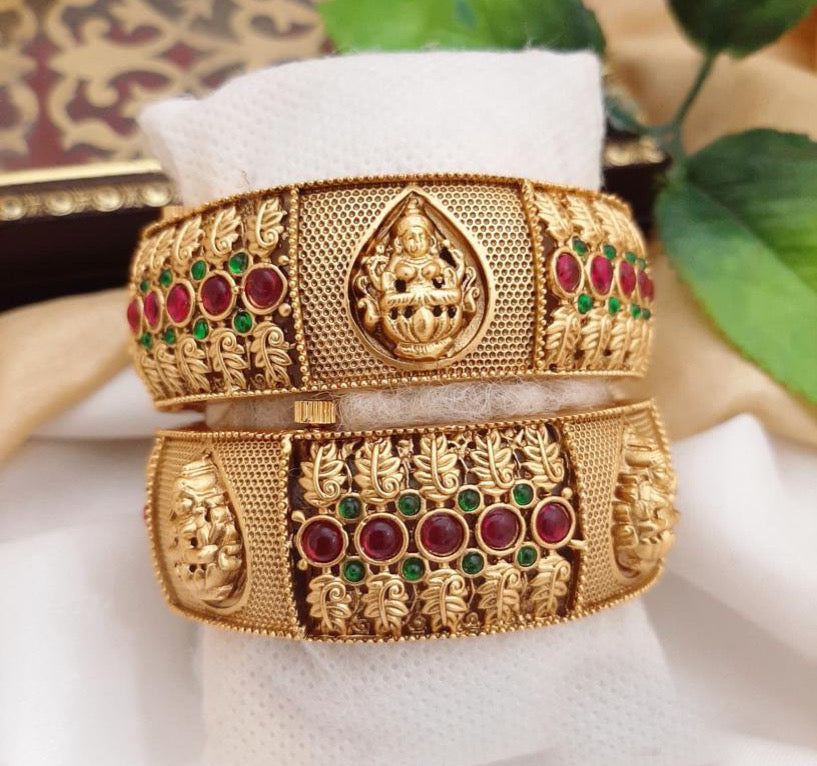 Lakshmi ji Multicolor Broad Openable temple Pair of bangle with ruby Flower openable bangle set for women