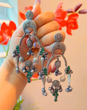 Load image into Gallery viewer, German Silver Ghunghroo Glass Stone Bird Long Statement Earrings
