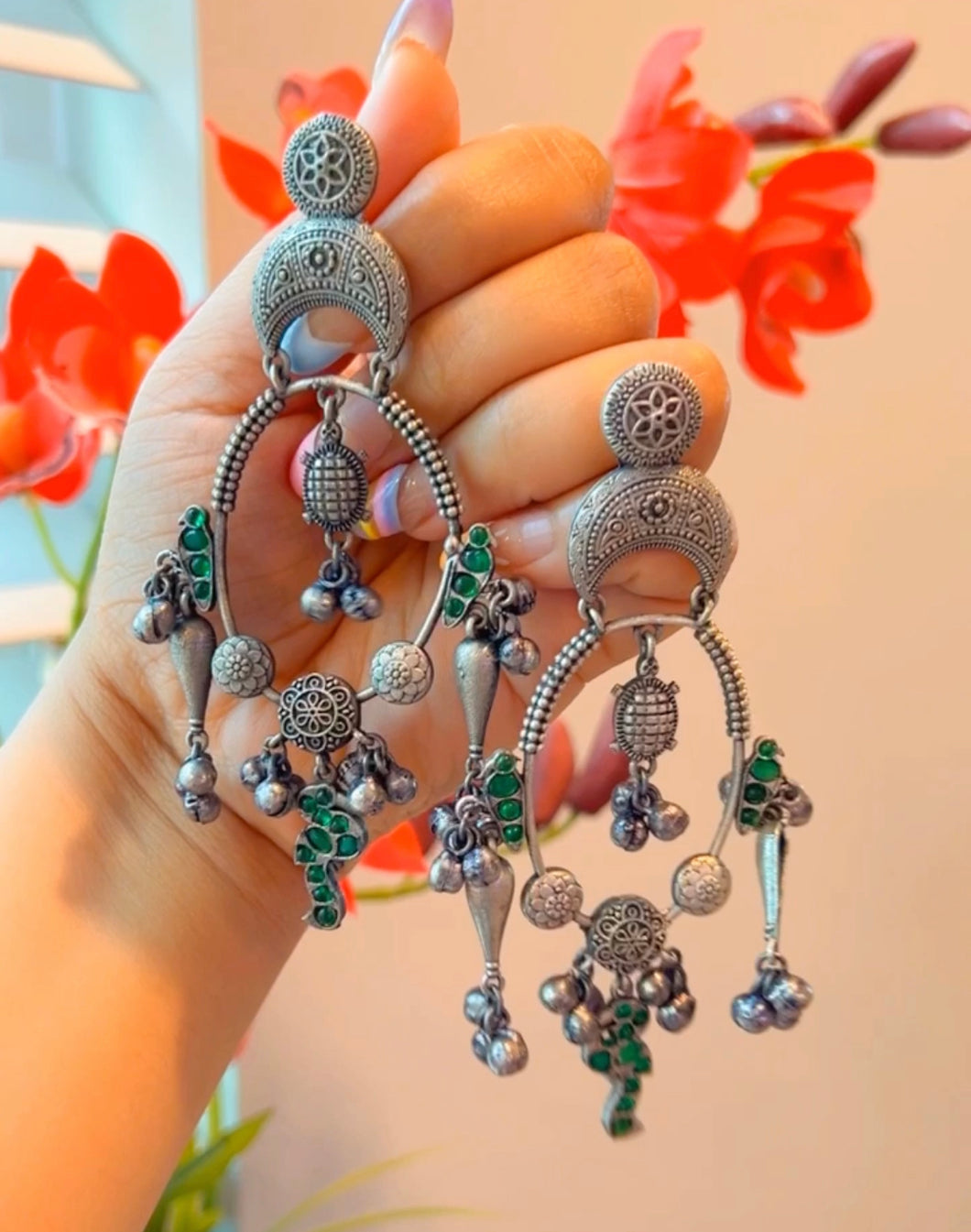 German Silver Ghunghroo Glass Stone Bird Long Statement Earrings