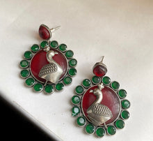Load image into Gallery viewer, Silver lookalike German silver Pink Mint Peacock Earrings
