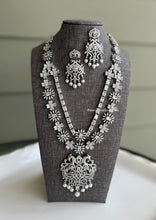 Load image into Gallery viewer, Ruby stone American Diamond Silver Pearl Long Cz Peacock Necklace set

