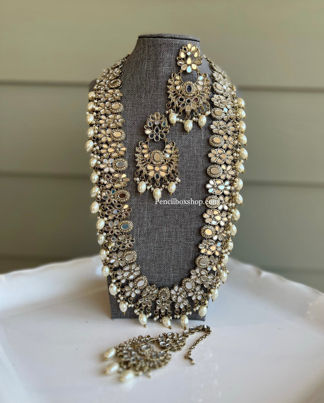 Long Mirror Beads Statement Necklace set with maangtikka