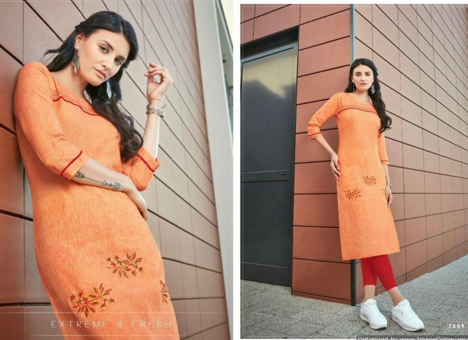 Orange Cotton Embroidery Multicolor Simple daily wear kurti women clothing
