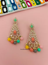 Load image into Gallery viewer, Polki Long Dangling Statement Light Weight Earrings with hanging beads
