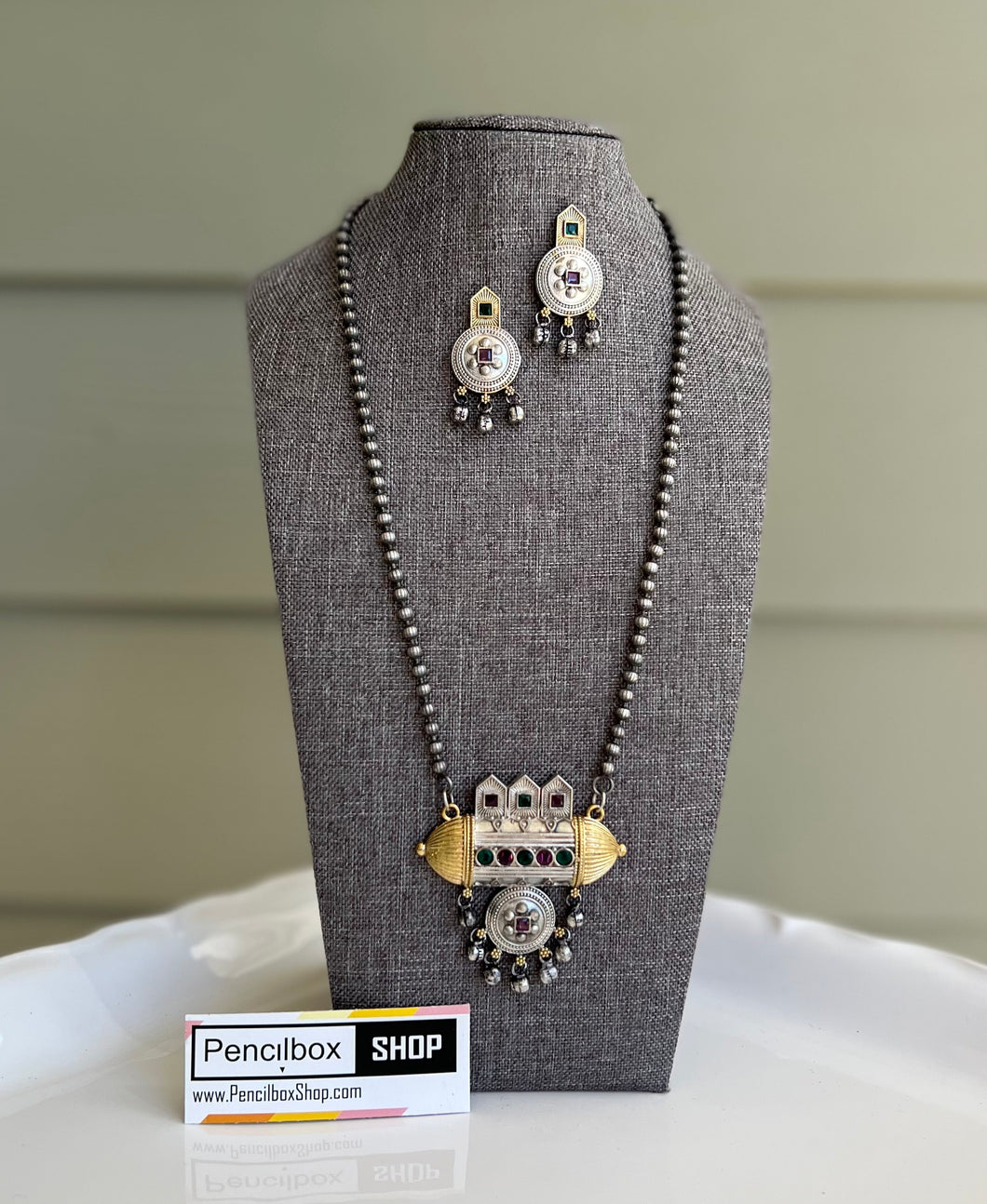 German Silver Stone Long Ghunghroo necklace set