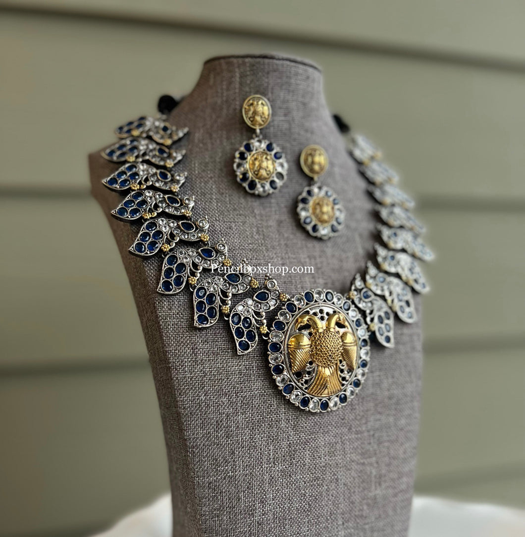 German silver Stone Dual Tone Peacock Statement necklace set