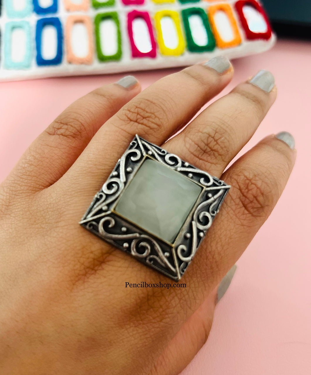 Grey Stone German silver adjustable ring for women