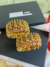 Load image into Gallery viewer, Pair of Royal Openable Kemp stone Lakshmi ji Multicolor Bangle Kada Set gold finish
