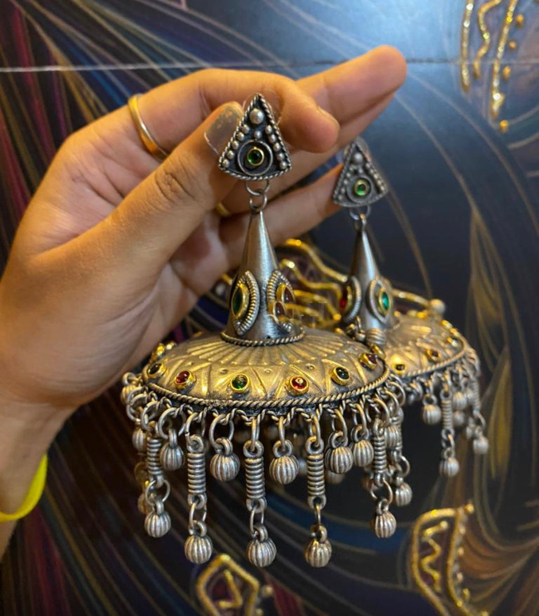 Red Green Big Afghani Ghunghroo Long Dangling Jhumka Earrings