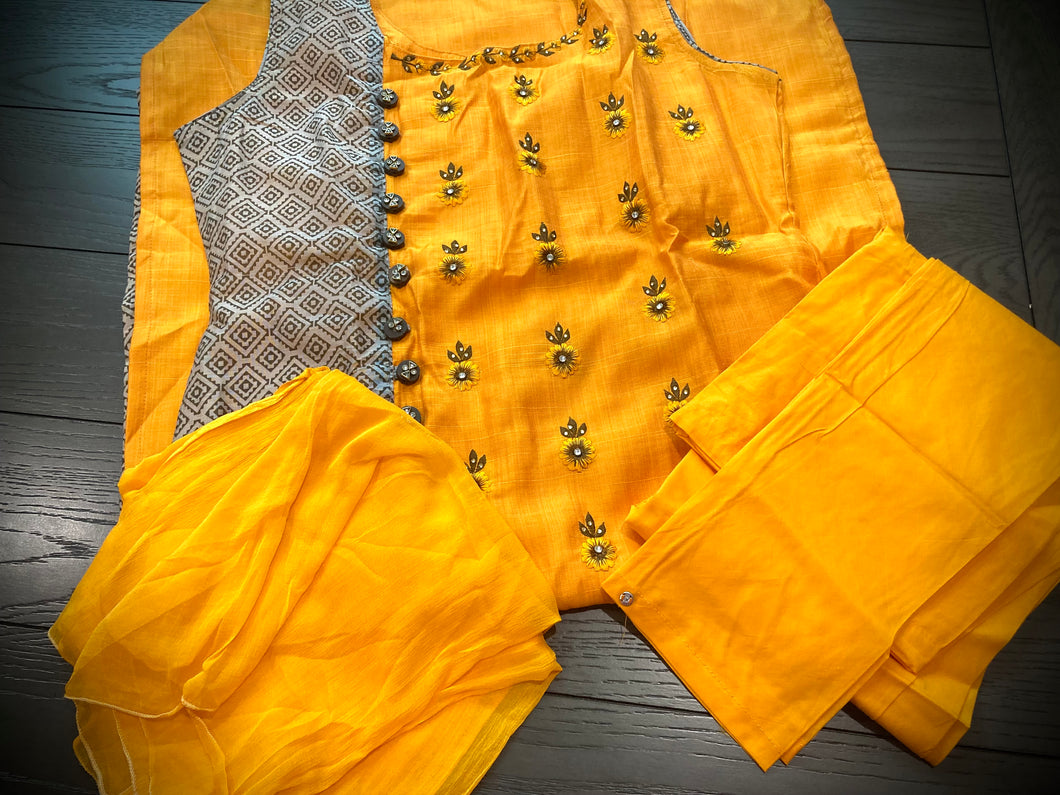 3 pieces Orange Embroidery Half n half print Pure cotton Straight suit indian dress 42 size