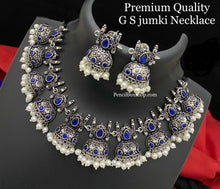 Load image into Gallery viewer, German silver Jhumka design Ruby green simple sleek necklace set
