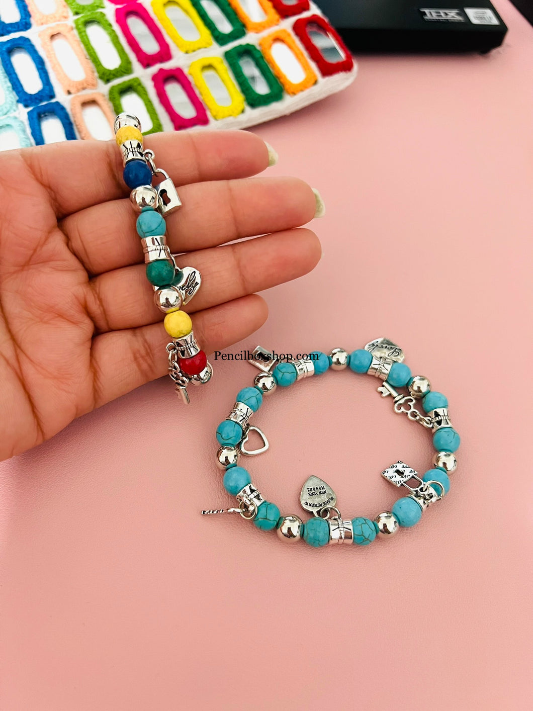 Multicolor Stone stretchy Bracelet with charms
