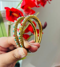 Load image into Gallery viewer, Multicolor Stone Kundan Golden round Shape pair of bangle set
