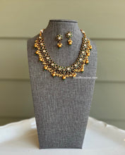 Load image into Gallery viewer, Green Gold matte finish Real Kemp Stone Golden Beads Temple Necklace set
