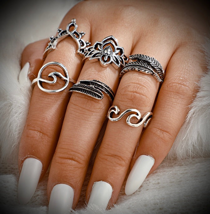6 pc Vintage Rose Lotus Silver Ring set