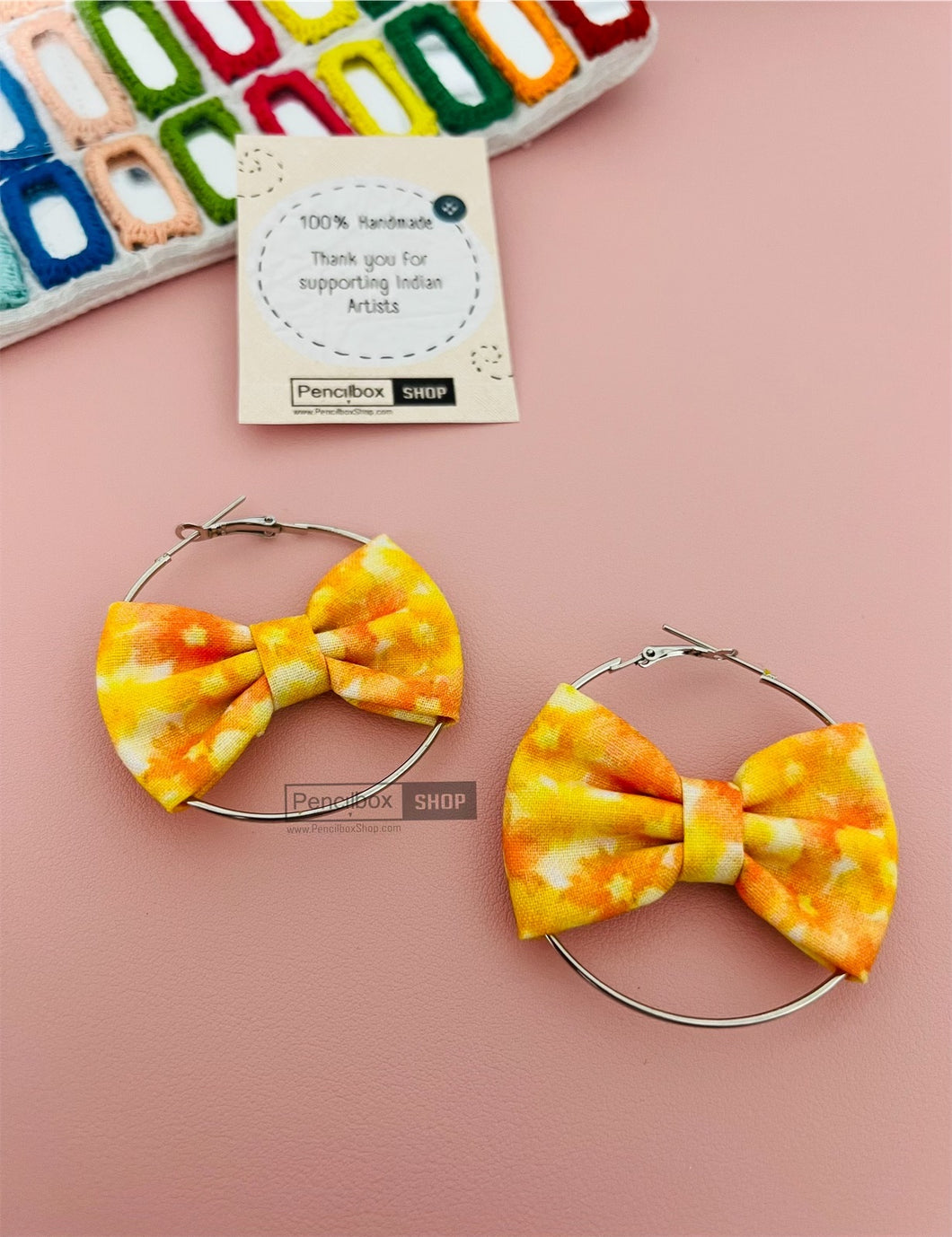 Handmade Bow Yellow Marble Hoop Earrings