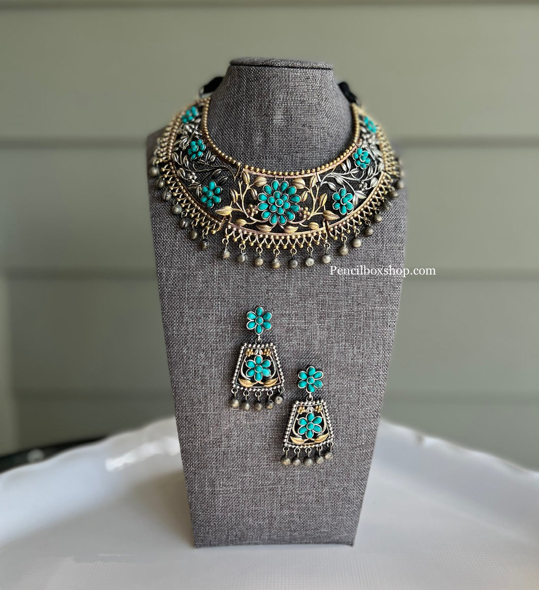Dual Tone Turquoise Golden Silver necklace Set