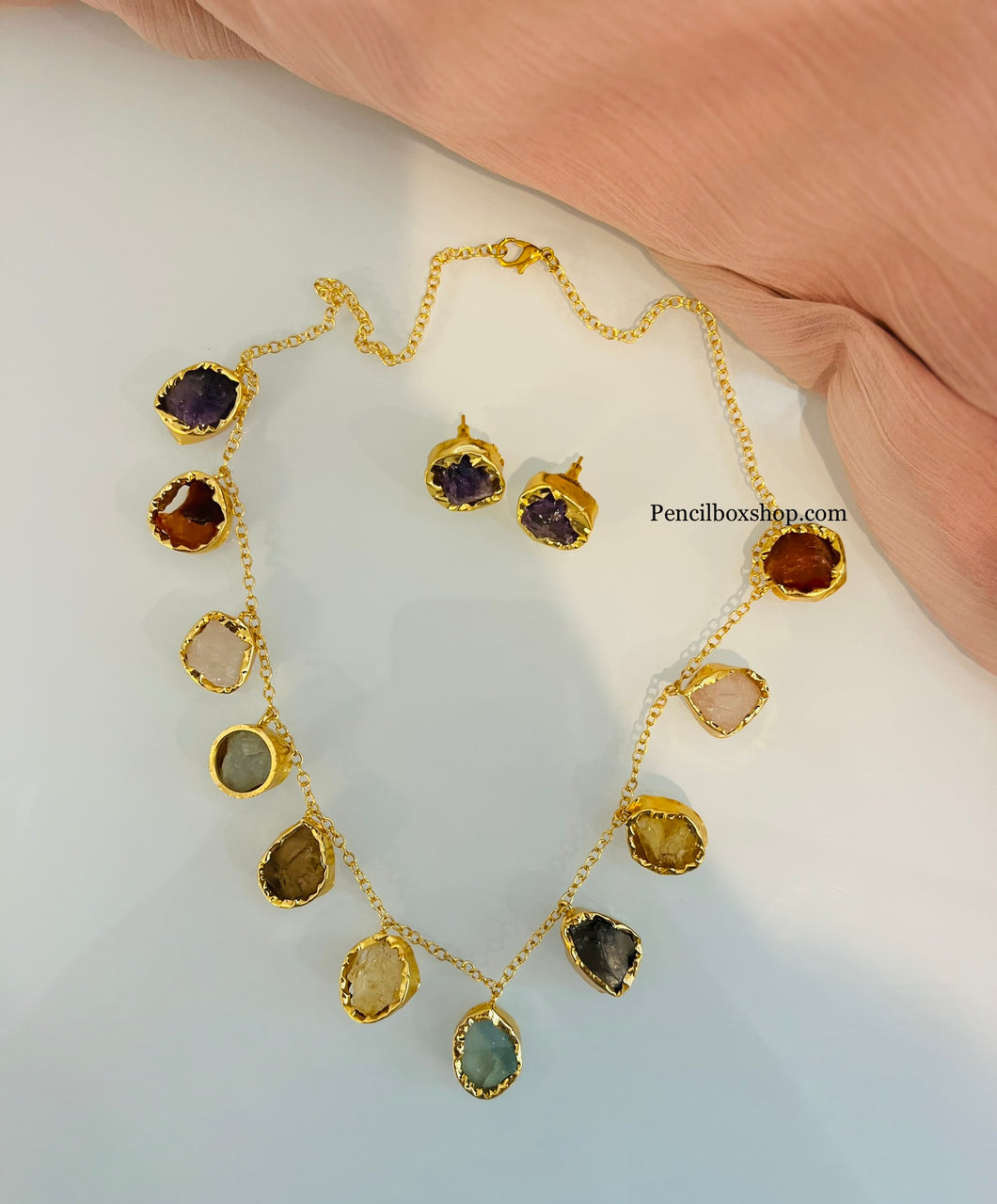 Contemporary Natural Stone brass made Necklace Earrings set