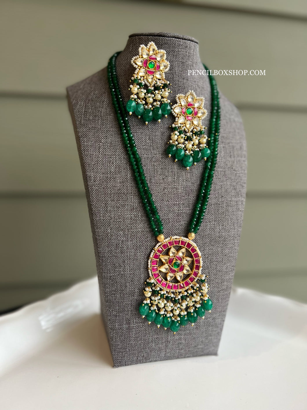 Multicolor Pachi Kundan Golden Long mala Necklace set