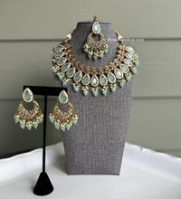 Load image into Gallery viewer, Mint Pink Polki Designer Statement Necklace set with Maangtikka

