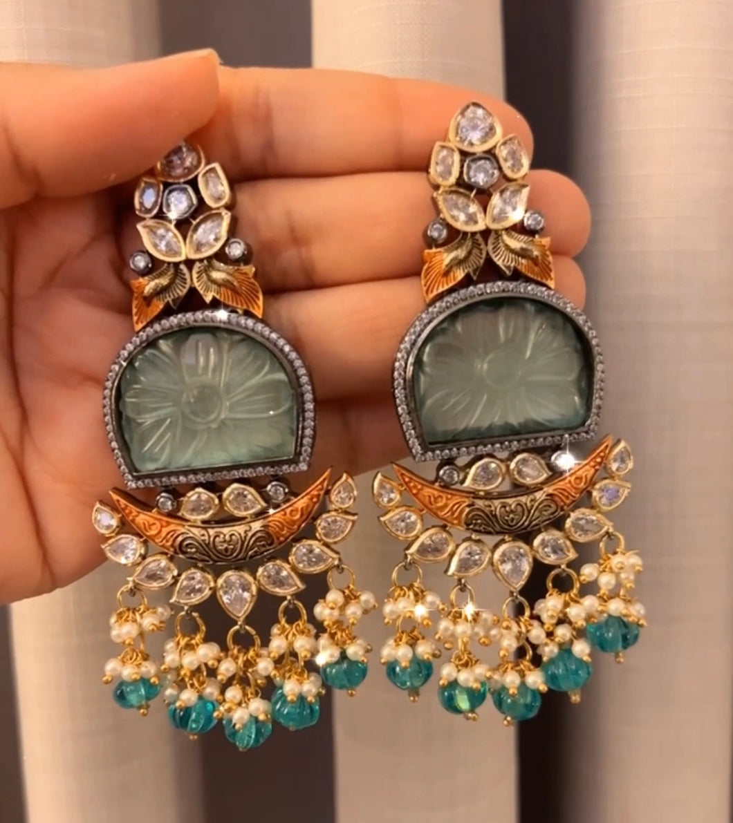 American Diamond Designer Shaded Meenakari Carved Stone Silver Foiled Long Dangling Earrings