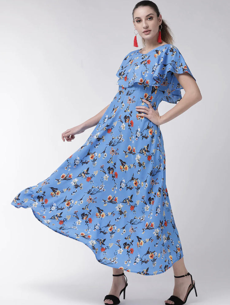 Sky blue Floral collar maxi Dress 40size