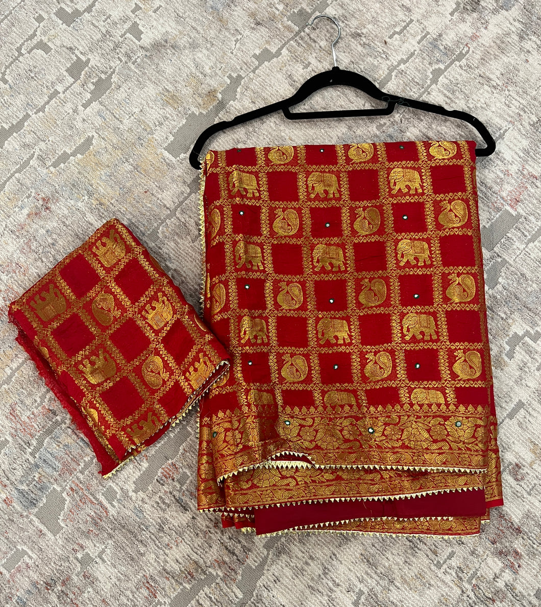 Maroon Elephant Peacock  Golden Zari Border Silk Saree Elegant