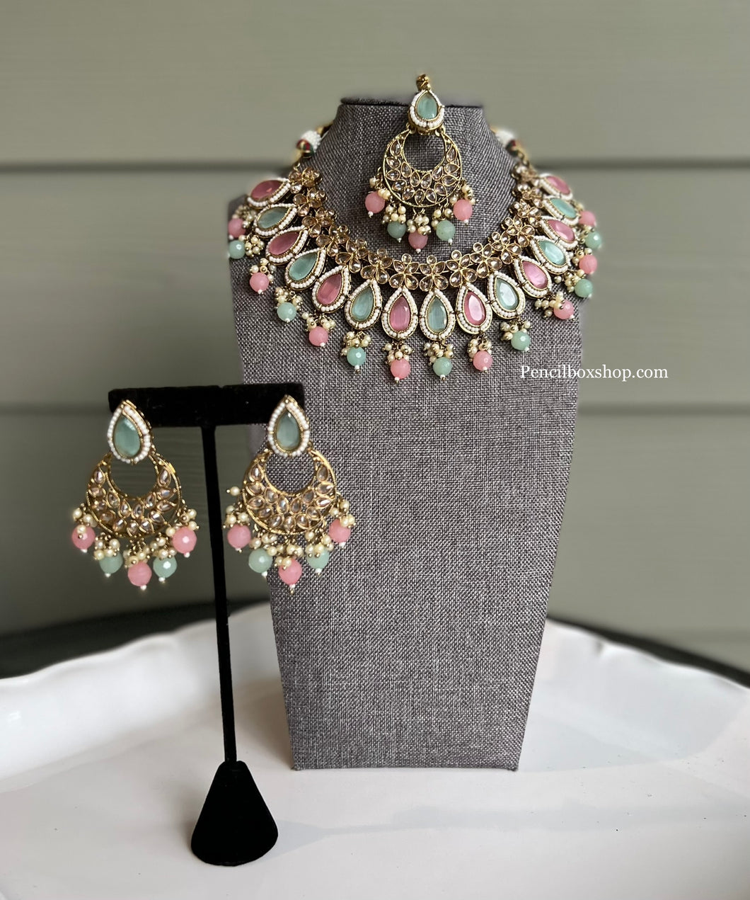 Mint Pink Polki Designer Statement Necklace set with Maangtikka