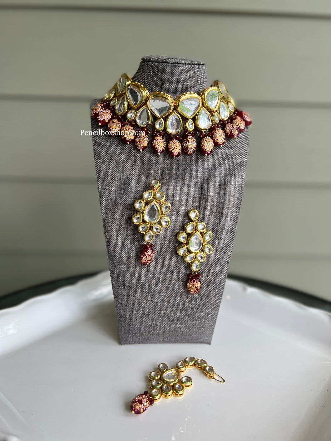Premium Quality Heavy Designer Ruby Beads Kundan Choker Necklace set with Back side Meenakari and maangtikka