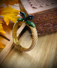 Load image into Gallery viewer, White Pearl Peacock Jadau Kundan Rajasthani Openable Single Bangle
