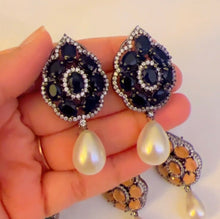 Load image into Gallery viewer, American Diamond Flower Premium Quality Pearl Drop Stud earrings
