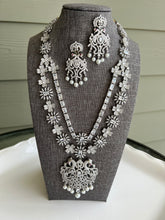 Load image into Gallery viewer, Ruby stone American Diamond Silver Pearl Long Cz Peacock Necklace set
