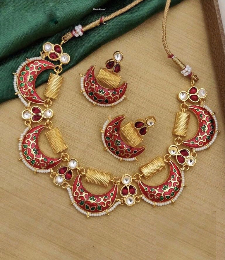 Premium quality Meenakari kundan Semi circle indian necklace set