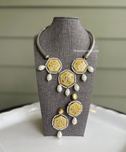 Load image into Gallery viewer, 92.5 Silver Coated German silver pachi Kundan Meenakari Orange necklace set is
