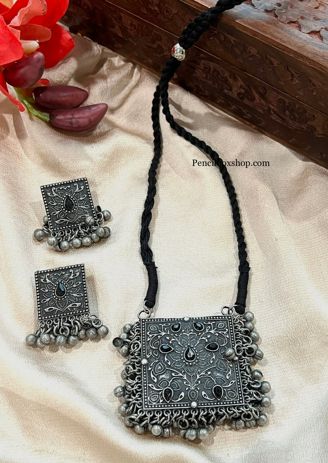 Black Long German silver Afghani Ghungroo Necklace set