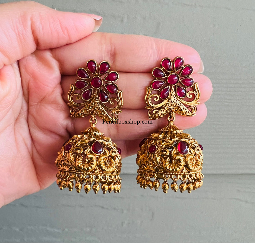 Ruby Golden Finish Peacock Jhumka Earrings