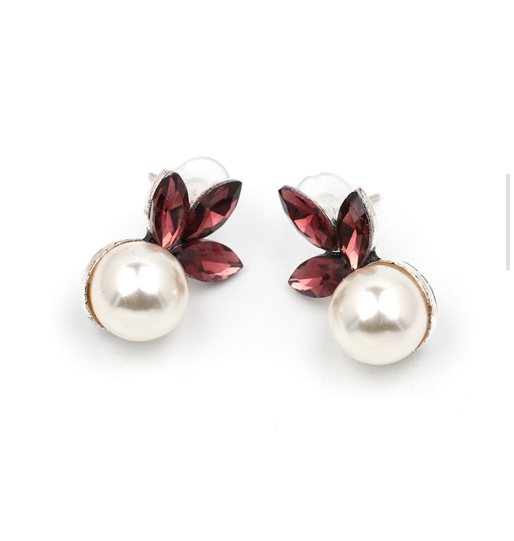 Marooon Rhinestone Pearl Stud Small Earrings IDW