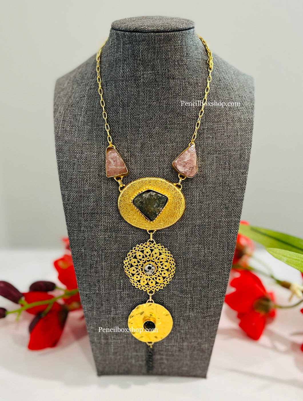 Contemporary Long Natural Stone Brass Made Necklace