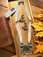 Load image into Gallery viewer, German Silver Green Pearl Ghunghroo long necklace set
