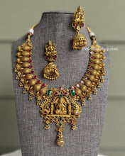 Load image into Gallery viewer, Lakshmi ji Temple Multicolor kemp Stone Grand Premium Quality Necklace set with jhumkas

