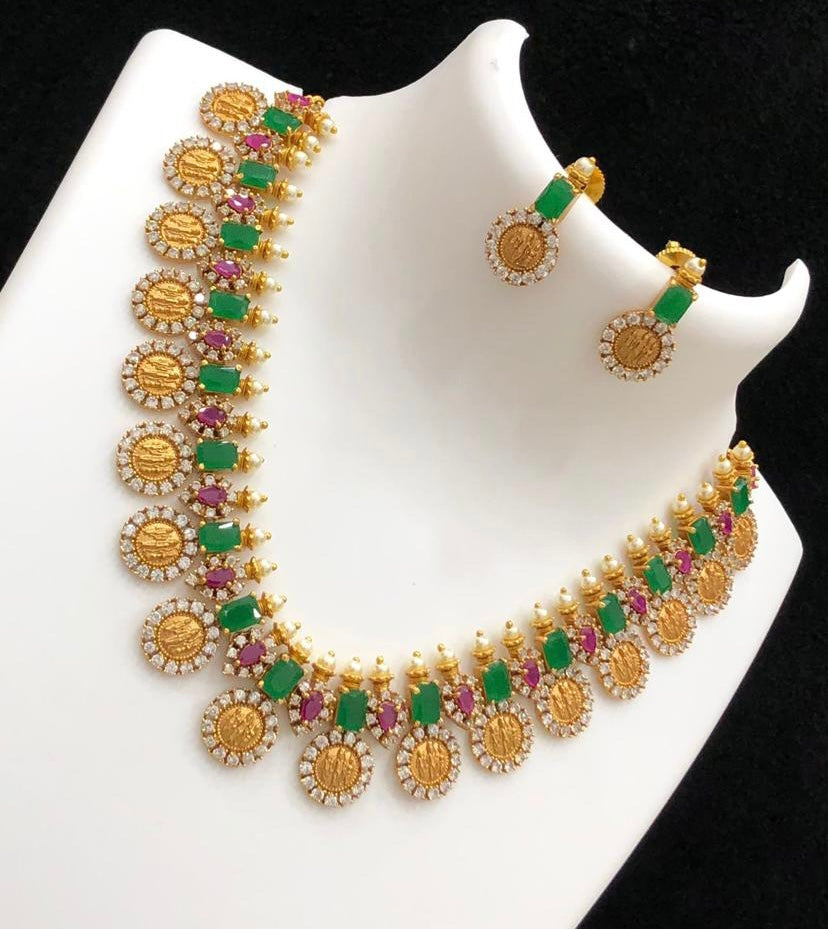 Ram parivaar coin  Matte finish kemp stone pearl  Necklace set  temple jewelry