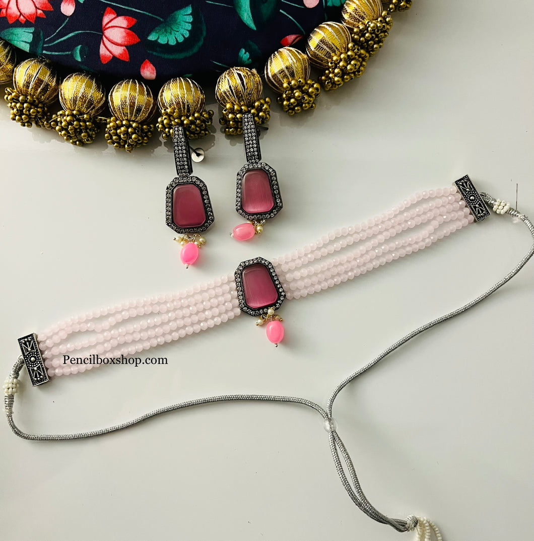 Victorian Finish pink American Diamond Choker Necklace set –  PencilboxShopUSA