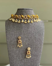 Load image into Gallery viewer, Navratna guttapusalu ganesha ji real Kemp stone Cz choker necklace set
