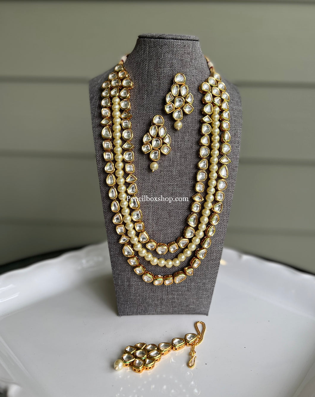 Three Layered Pearl Kundan back Side Meenakari Maharani Necklace set
