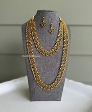 Load image into Gallery viewer, Golden Antique Finish Temple Mango Shape Green kemp Stone 2 pc Haram Necklace set
