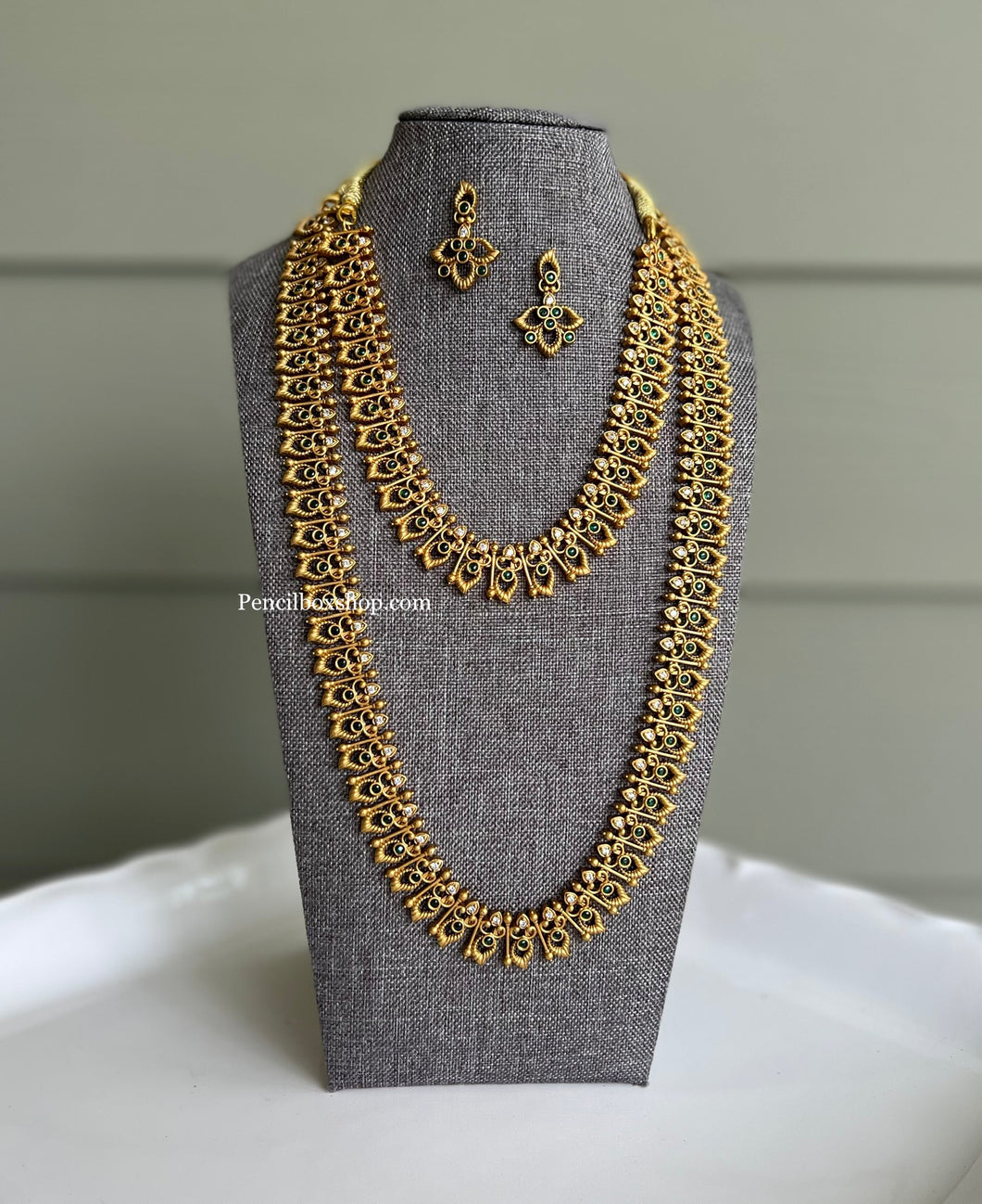 Golden Antique Finish Temple Mango Shape Green kemp Stone 2 pc Haram Necklace set