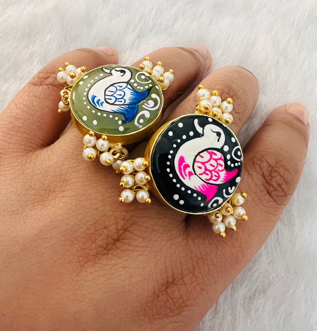 Duck Natural stone hand painted adjustable ring for women