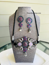 Load image into Gallery viewer, Designer Pink Blue Bird German Silver Natural stone Necklace set
