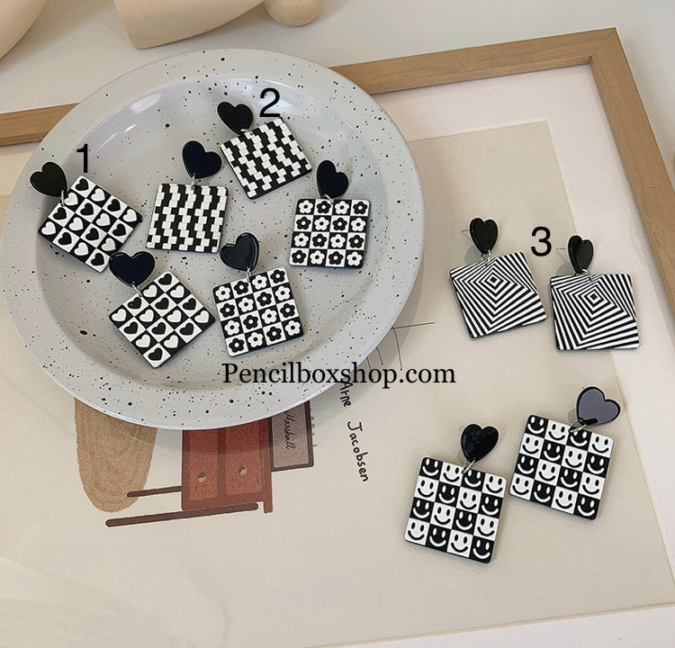 Black and white Checked Design Acrylic earrings IDW