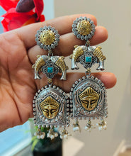 Load image into Gallery viewer, Long German Silver Durga Fish hanging Drop Earrings
